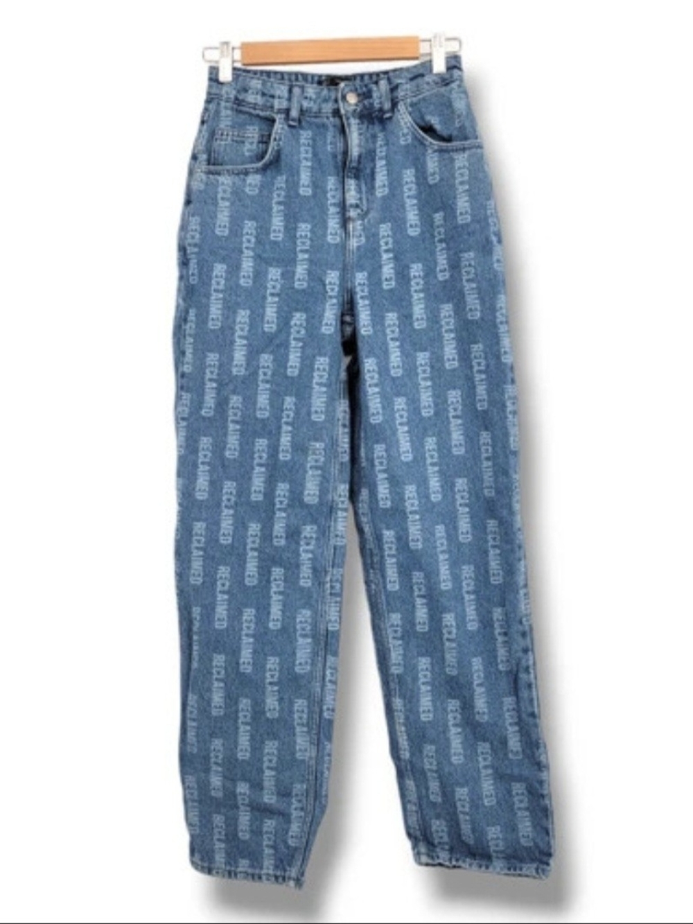 ASOS Reclaimed Vintage Boyfriend Jeans with All-Over Logo Print - Blue